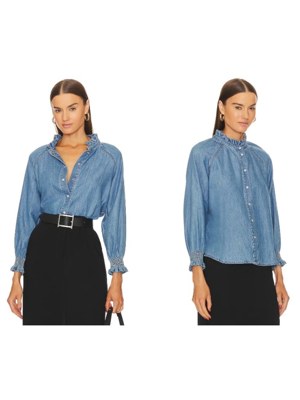 Veronica Beard Calisto Chambray Ruffle Neck Blouse Top Womens Small Snap Front